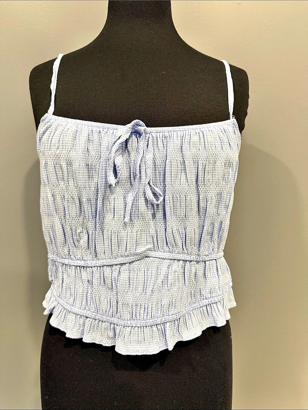 Shinestar Gingham Ruffle Camisole in Blue & White Like New
